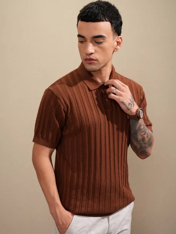Highlander Men Brown Self Design Polo Collar T-Shirt