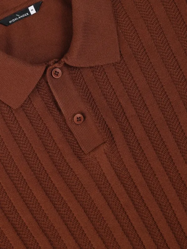Highlander Men Brown Self Design Polo Collar T-Shirt