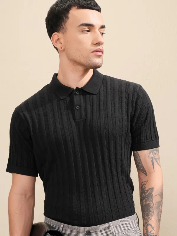 Highlander Men Black Self Design Polo Collar T-Shirt
