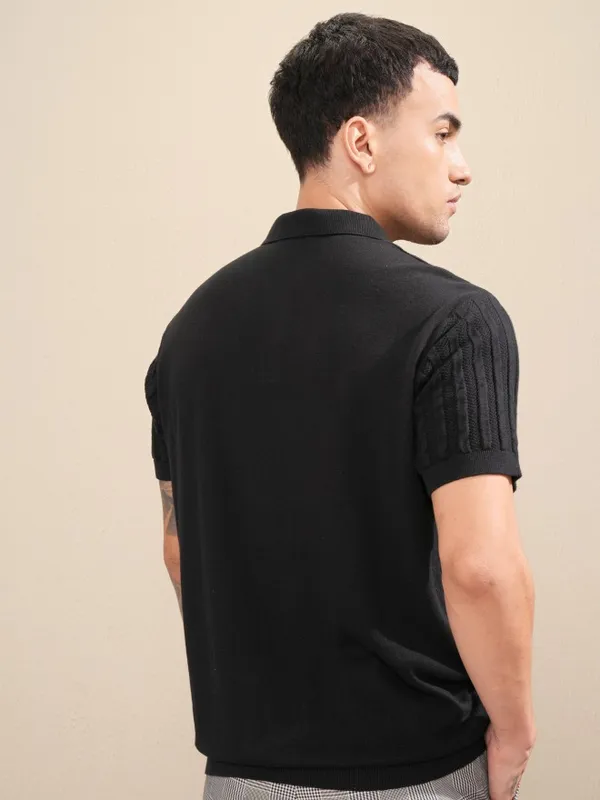 Highlander Men Black Self Design Polo Collar T-Shirt