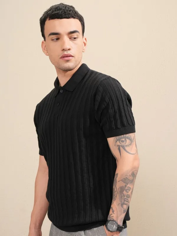 Highlander Men Black Self Design Polo Collar T-Shirt