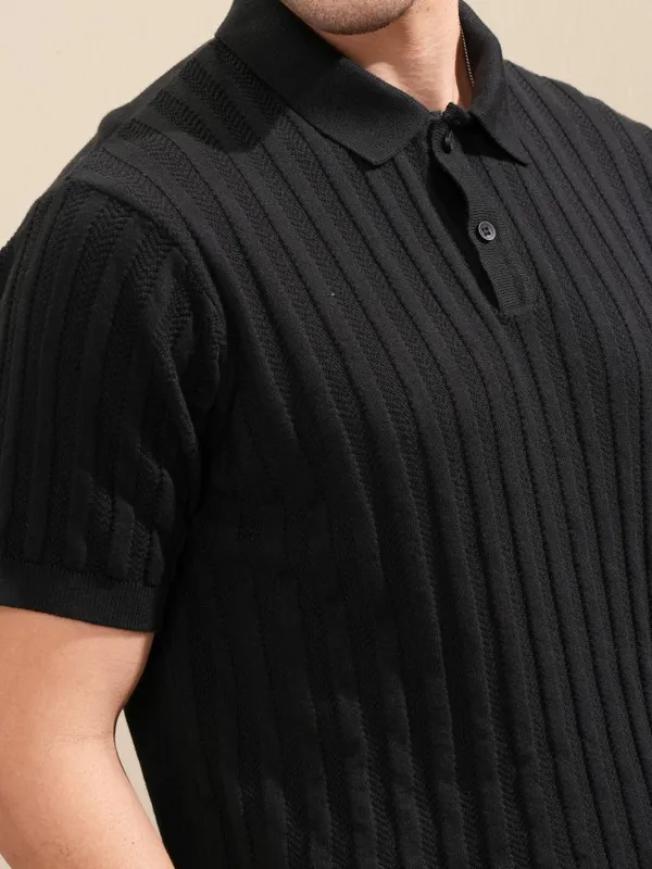 Highlander Men Black Self Design Polo Collar T-Shirt