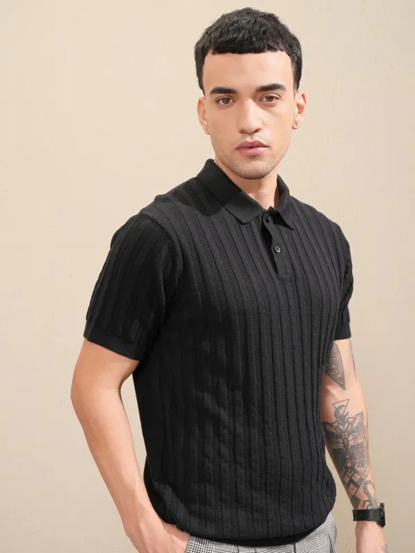 Highlander Men Black Self Design Polo Collar T-Shirt