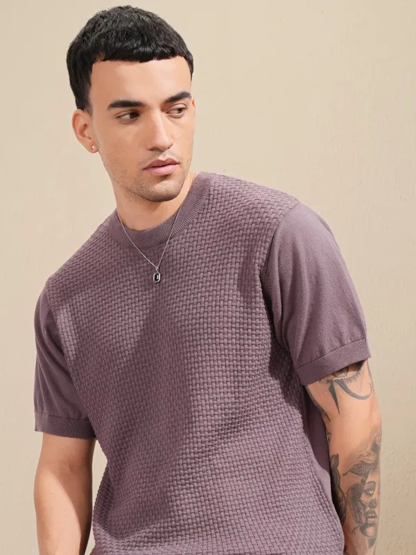 Highlander Men Purple Self Design Round Neck Relaxed Fit T-Shirt