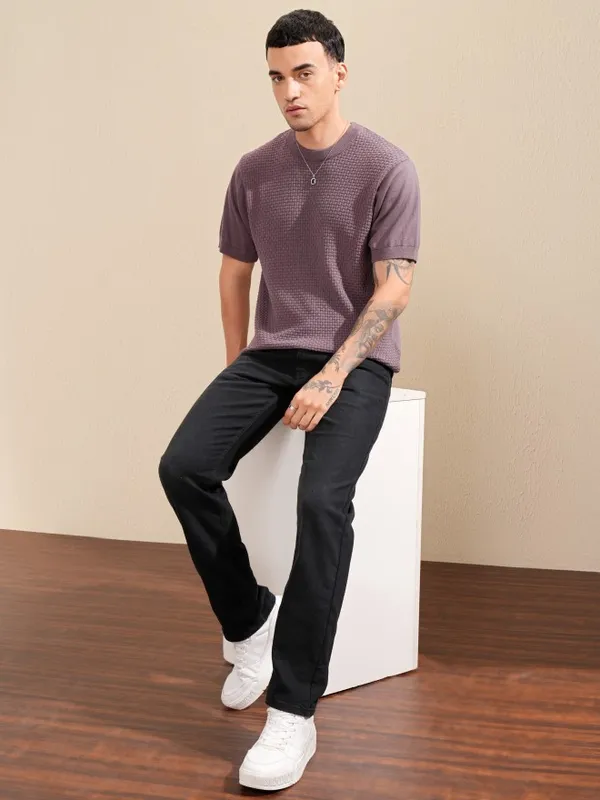 Highlander Men Purple Self Design Round Neck Relaxed Fit T-Shirt
