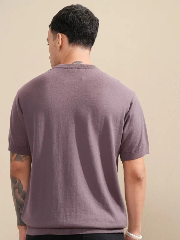 Highlander Men Purple Self Design Round Neck Relaxed Fit T-Shirt