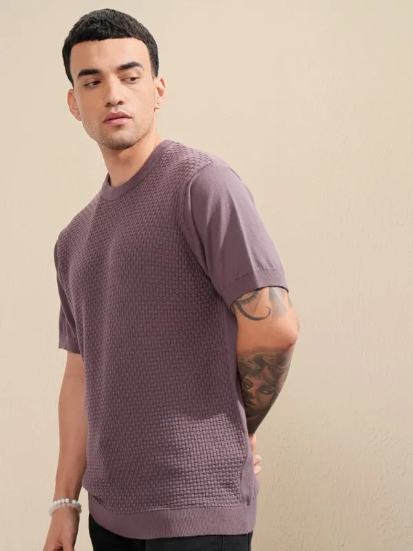 Highlander Men Purple Self Design Round Neck Relaxed Fit T-Shirt
