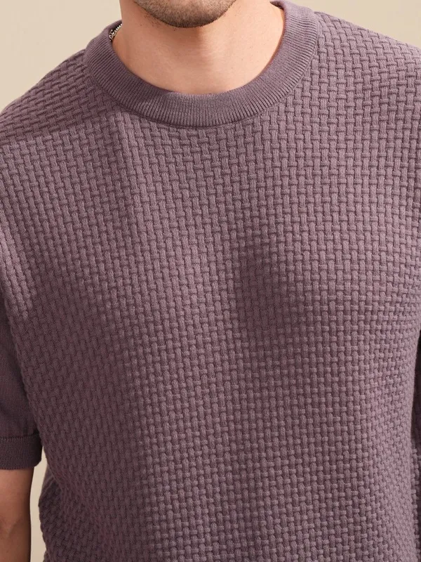 Highlander Men Purple Self Design Round Neck Relaxed Fit T-Shirt