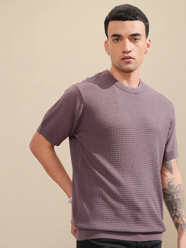 Highlander Men Purple Self Design Round Neck Relaxed Fit T-Shirt