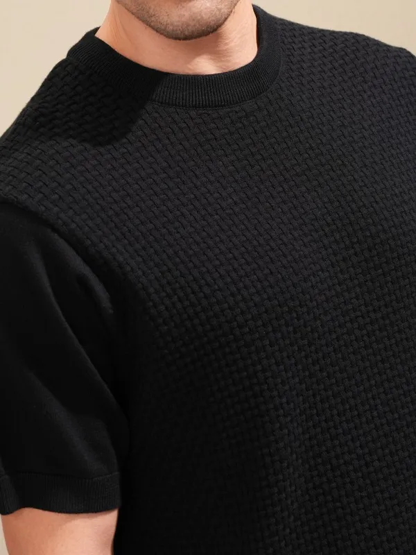 Highlander Men Black Self Design Round Neck Relaxed Fit T-Shirt