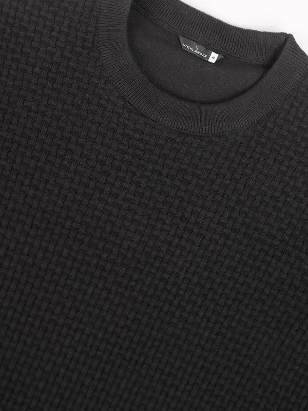 Highlander Men Black Self Design Round Neck Relaxed Fit T-Shirt