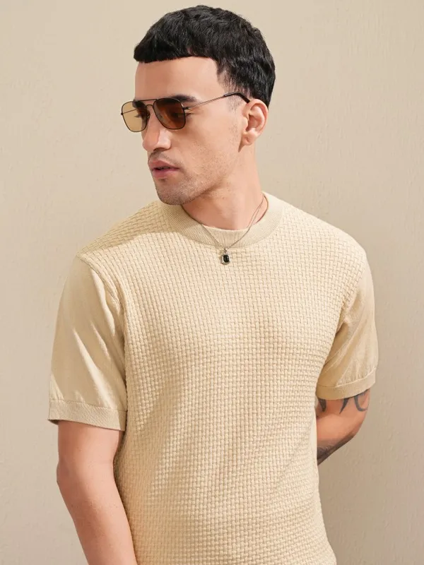 Highlander Men Beige Self Design Round Neck Relaxed Fit T-Shirt