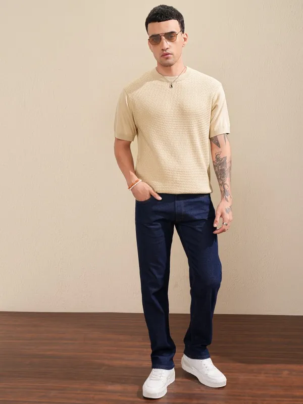 Highlander Men Beige Self Design Round Neck Relaxed Fit T-Shirt
