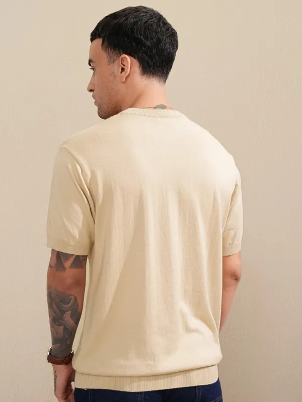 Highlander Men Beige Self Design Round Neck Relaxed Fit T-Shirt