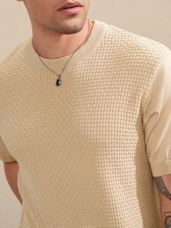 Highlander Men Beige Self Design Round Neck Relaxed Fit T-Shirt
