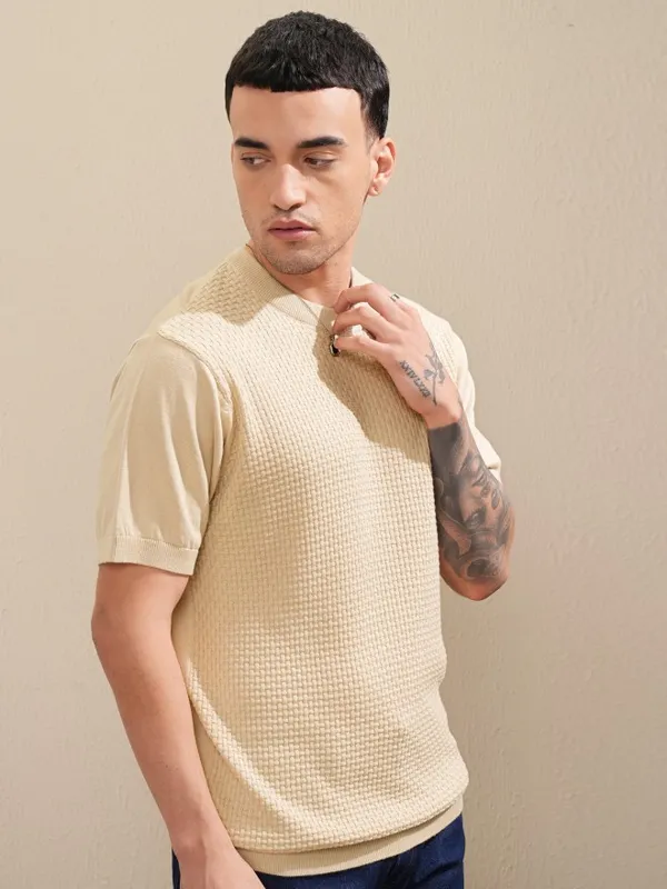 Highlander Men Beige Self Design Round Neck Relaxed Fit T-Shirt