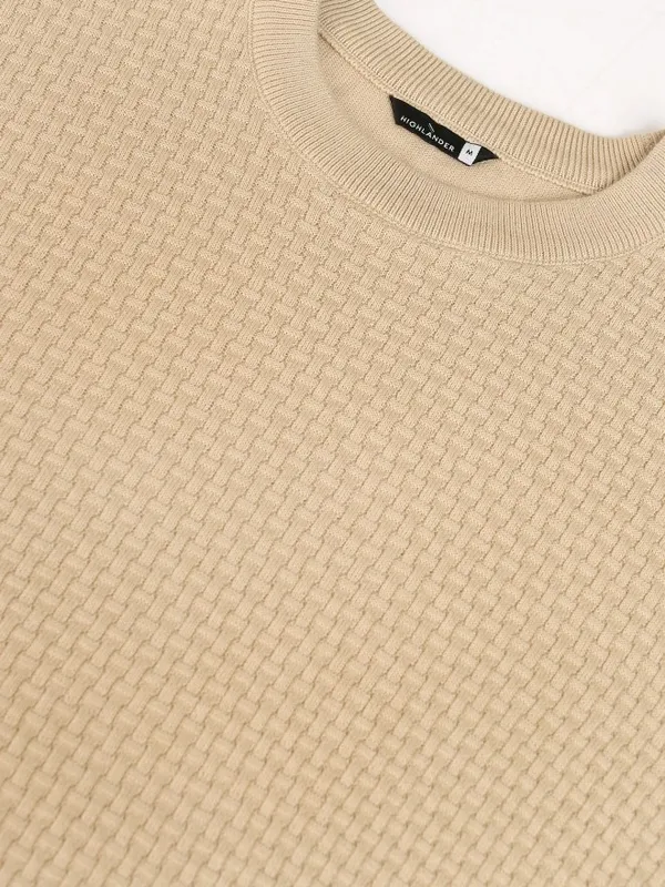Highlander Men Beige Self Design Round Neck Relaxed Fit T-Shirt
