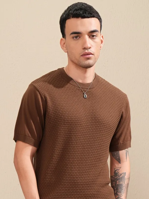 Highlander Men Brown Self Design Round Neck Relaxed Fit T-Shirt