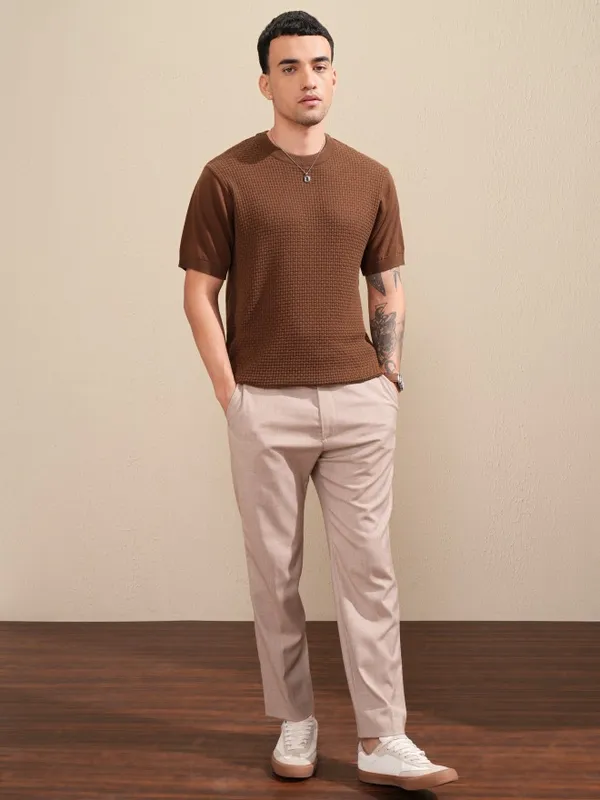 Highlander Men Brown Self Design Round Neck Relaxed Fit T-Shirt