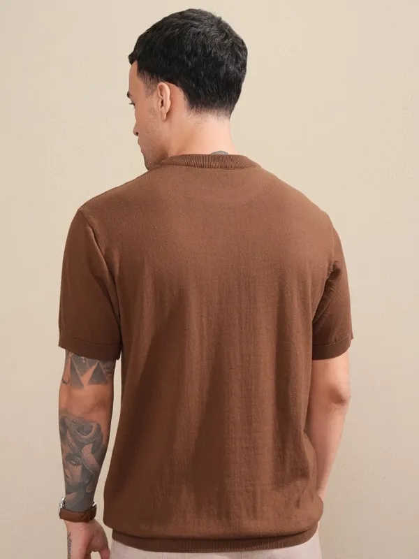 Highlander Men Brown Self Design Round Neck Relaxed Fit T-Shirt