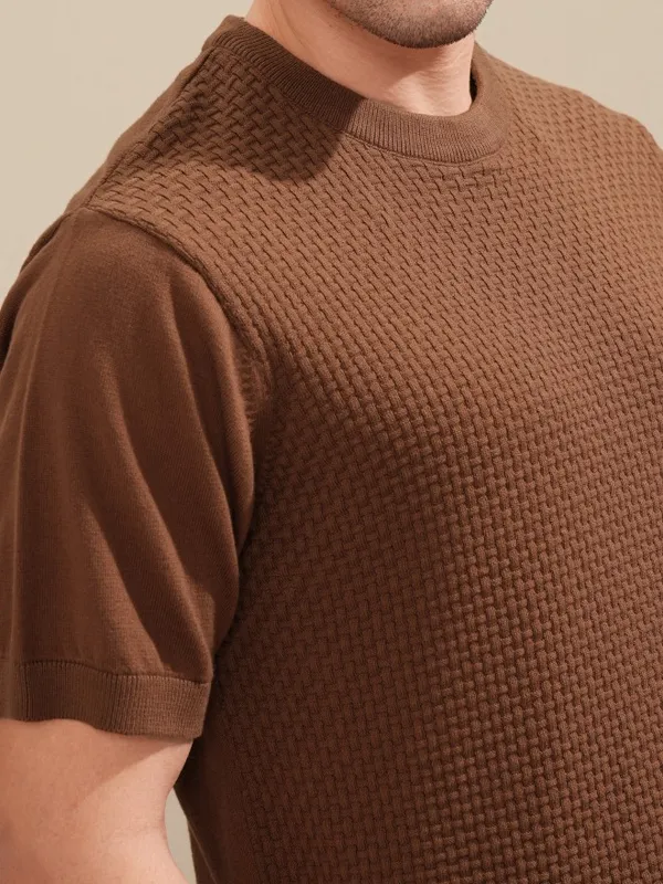 Highlander Men Brown Self Design Round Neck Relaxed Fit T-Shirt