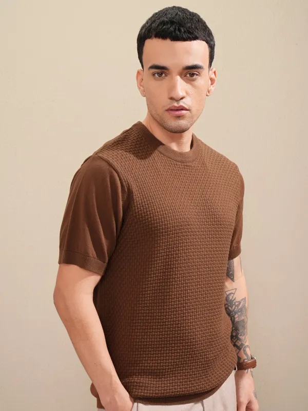 Highlander Men Brown Self Design Round Neck Relaxed Fit T-Shirt
