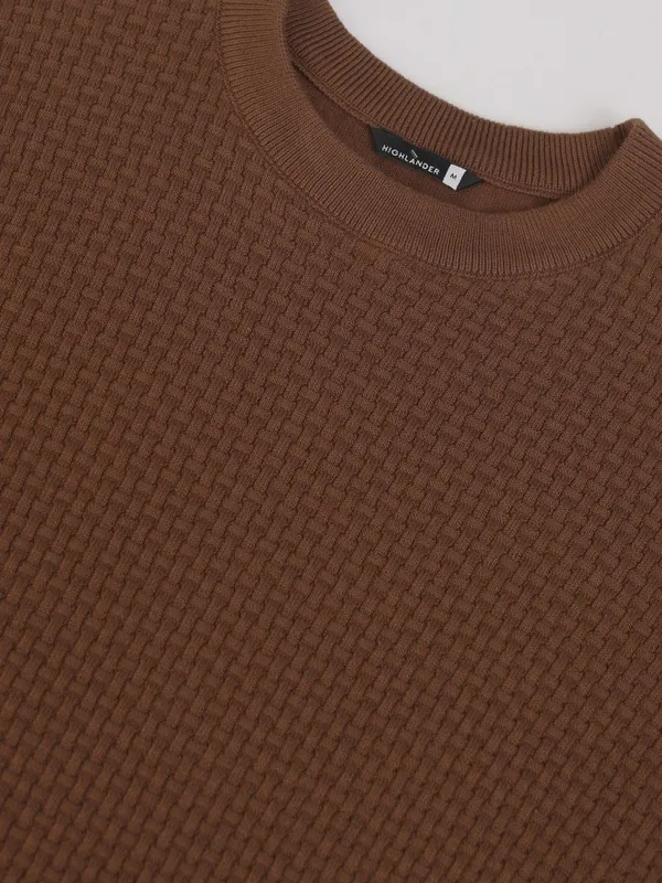 Highlander Men Brown Self Design Round Neck Relaxed Fit T-Shirt