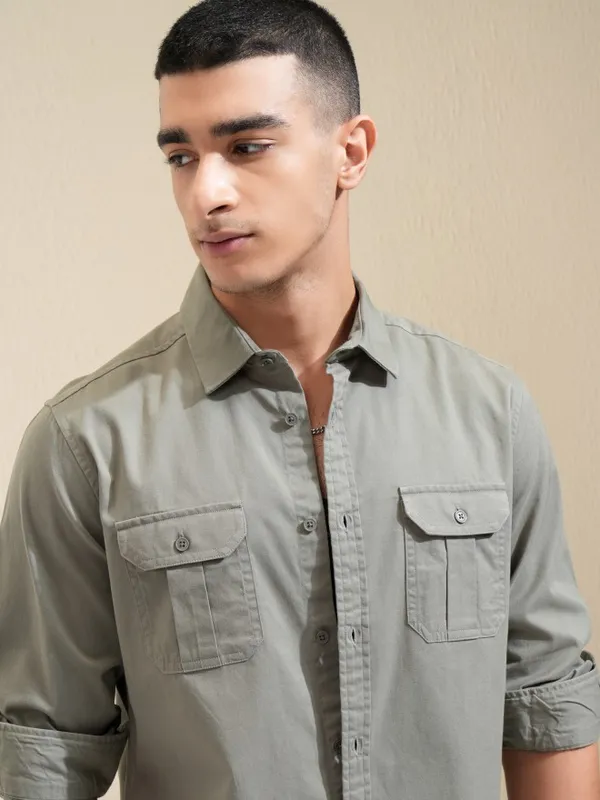 Ketch Men Olive Solid Slim Fit Casual Shirt