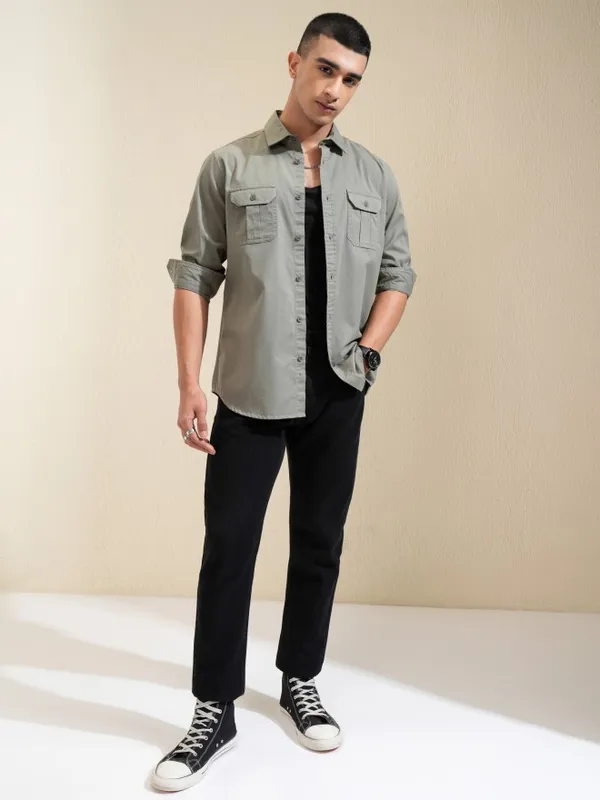 Ketch Men Olive Solid Slim Fit Casual Shirt