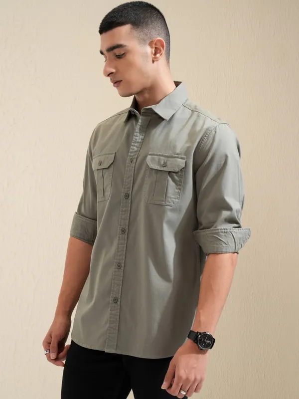 Ketch Men Olive Solid Slim Fit Casual Shirt