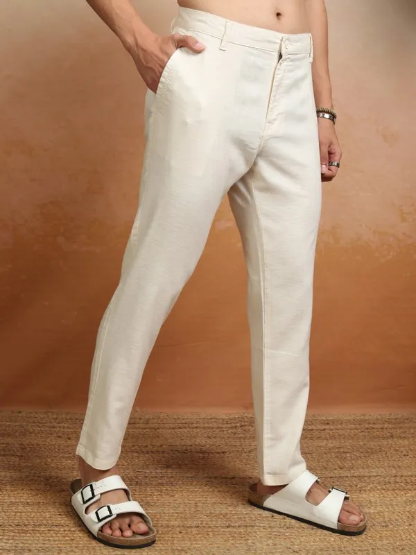 Highlander Men Beige Slim Fit Solid Formal Trouser