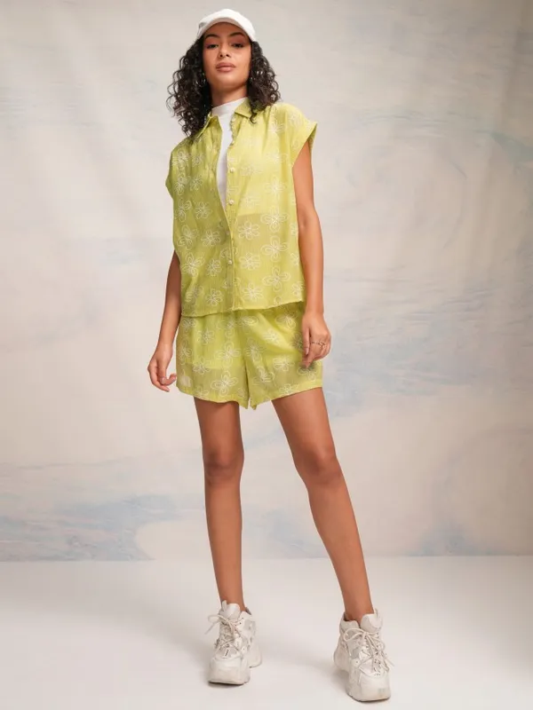 Tokyo Talkies Women Green Shirt With Shorts Co-Ords