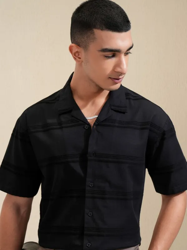 Highlander Men Black Striped Relaxed Fit Casual Shirt