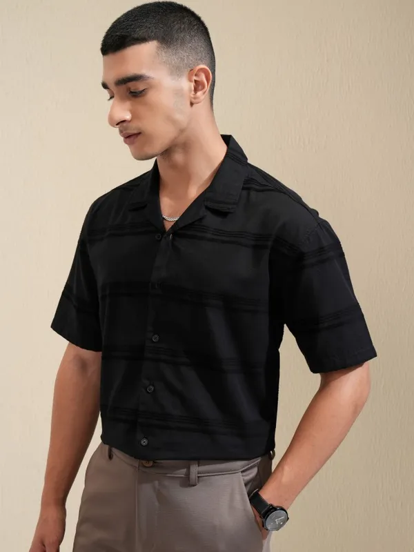 Highlander Men Black Striped Relaxed Fit Casual Shirt