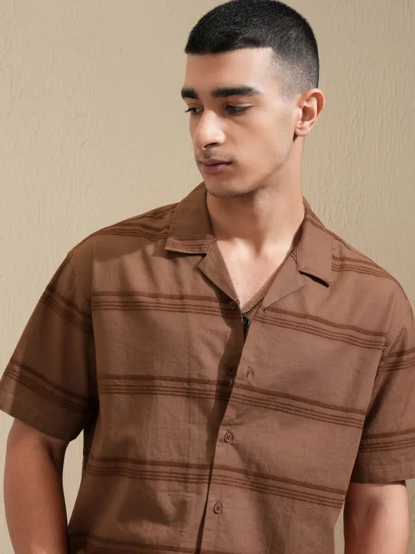 Highlander Men Brown Striped Relaxed Fit Casual Shirt
