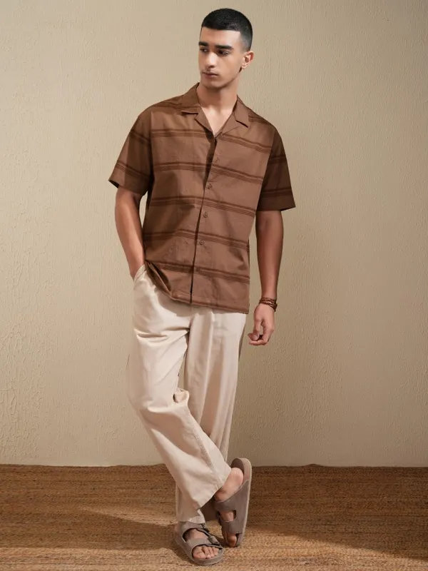 Highlander Men Brown Striped Relaxed Fit Casual Shirt