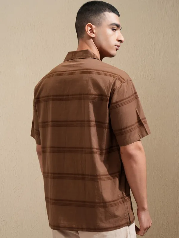 Highlander Men Brown Striped Relaxed Fit Casual Shirt