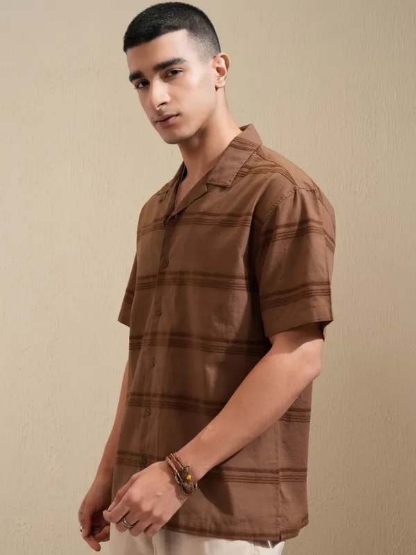 Highlander Men Brown Striped Relaxed Fit Casual Shirt