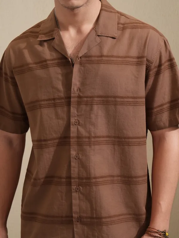 Highlander Men Brown Striped Relaxed Fit Casual Shirt