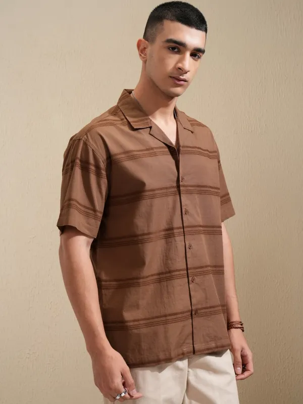 Highlander Men Brown Striped Relaxed Fit Casual Shirt