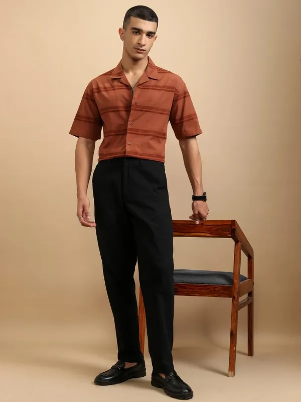 Highlander Men Rust Striped Relaxed Fit Casual Shirt