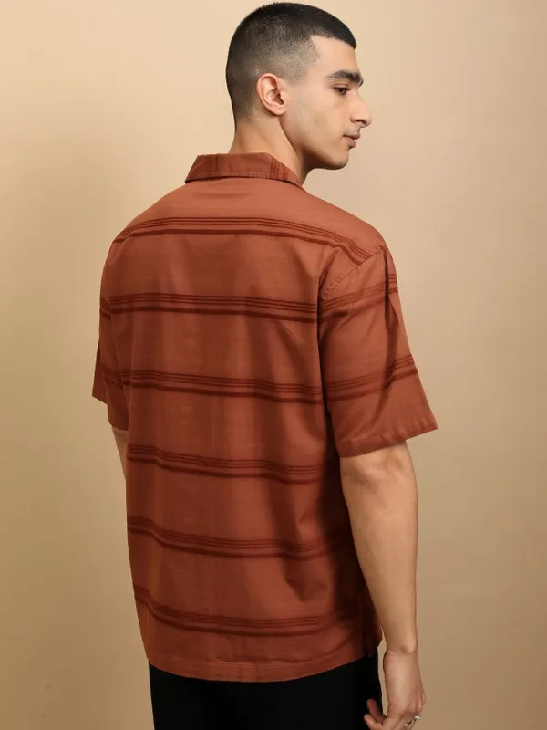 Highlander Men Rust Striped Relaxed Fit Casual Shirt