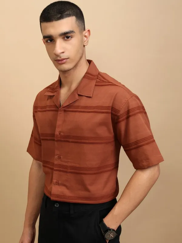 Highlander Men Rust Striped Relaxed Fit Casual Shirt