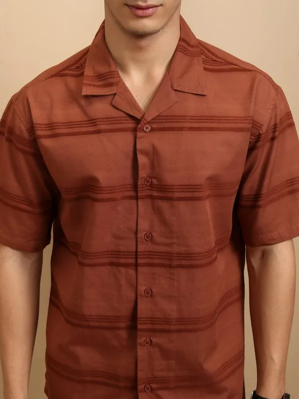 Highlander Men Rust Striped Relaxed Fit Casual Shirt