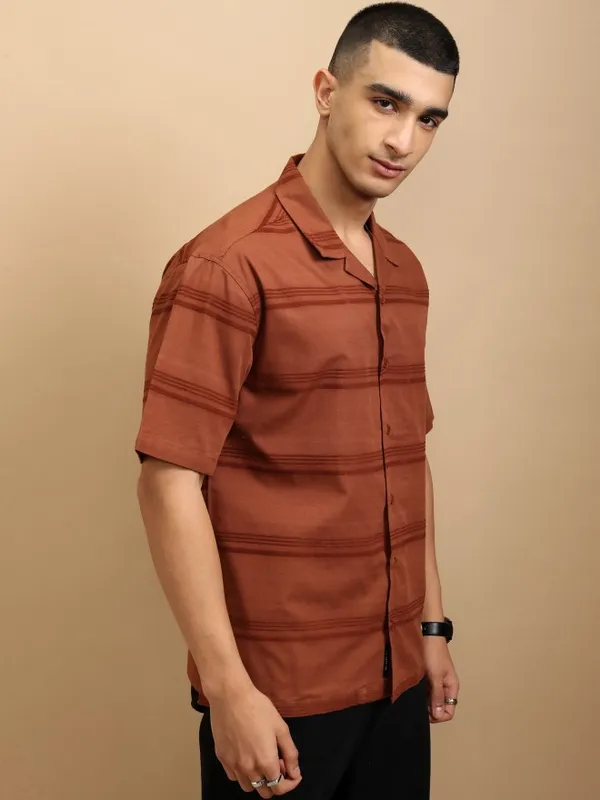 Highlander Men Rust Striped Relaxed Fit Casual Shirt