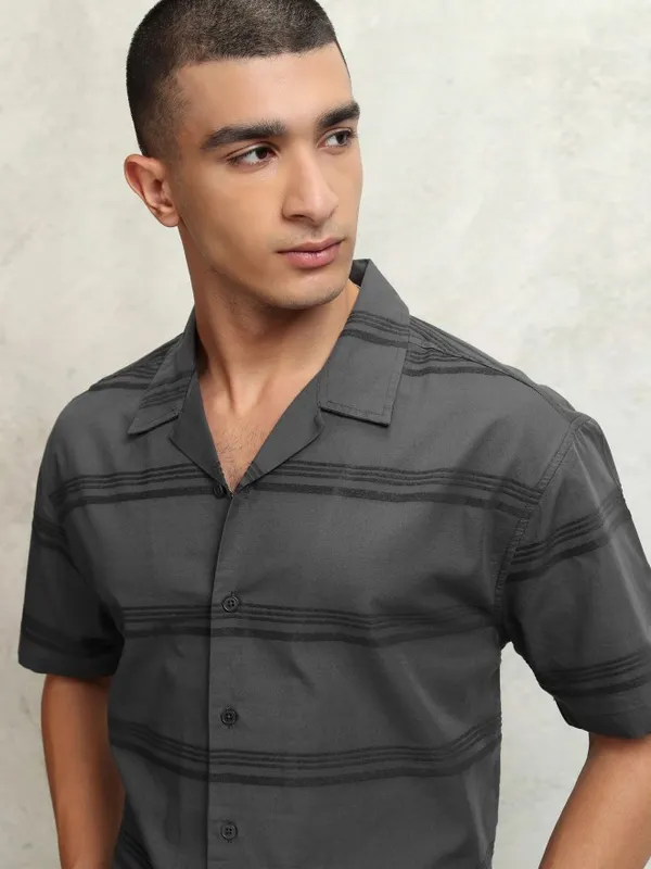 Highlander Men Grey Striped Relaxed Fit Casual Shirt