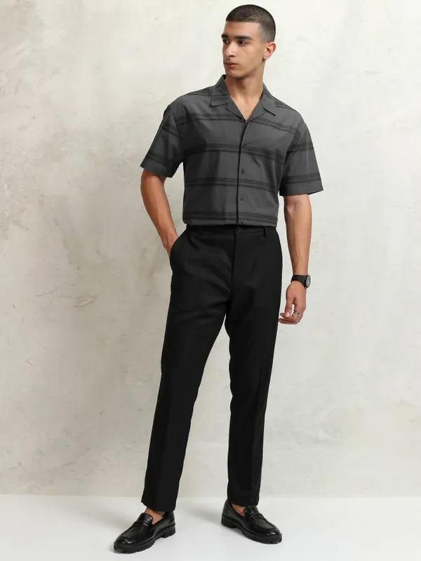 Highlander Men Grey Striped Relaxed Fit Casual Shirt