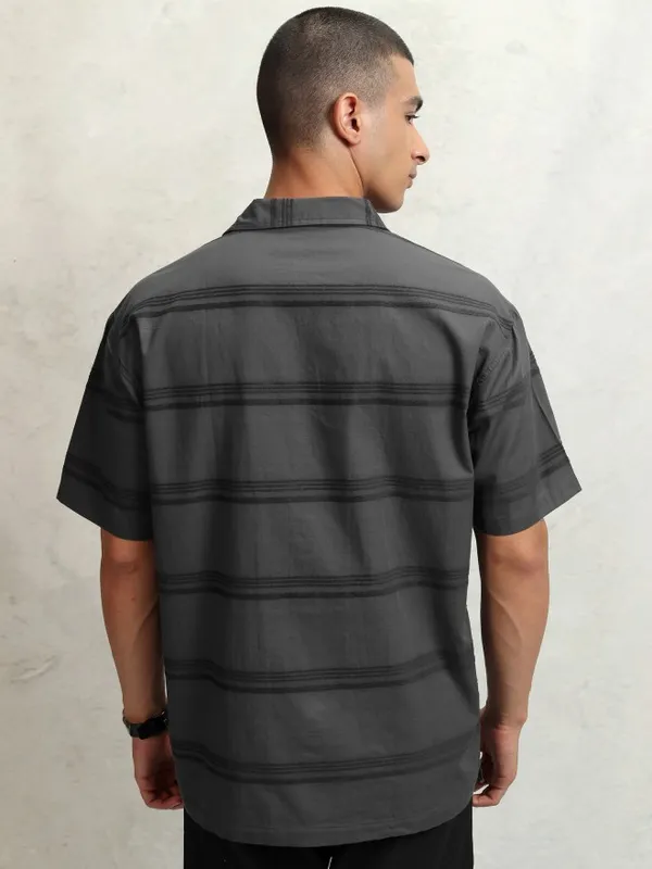 Highlander Men Grey Striped Relaxed Fit Casual Shirt