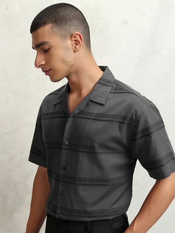 Highlander Men Grey Striped Relaxed Fit Casual Shirt