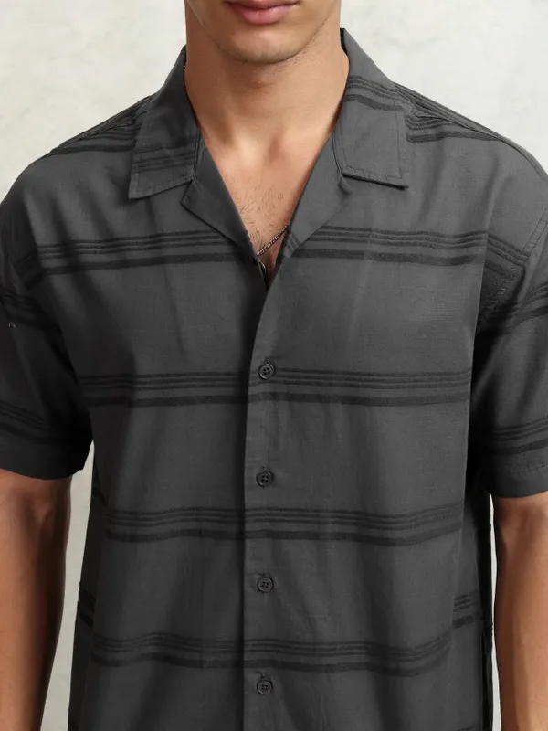 Highlander Men Grey Striped Relaxed Fit Casual Shirt